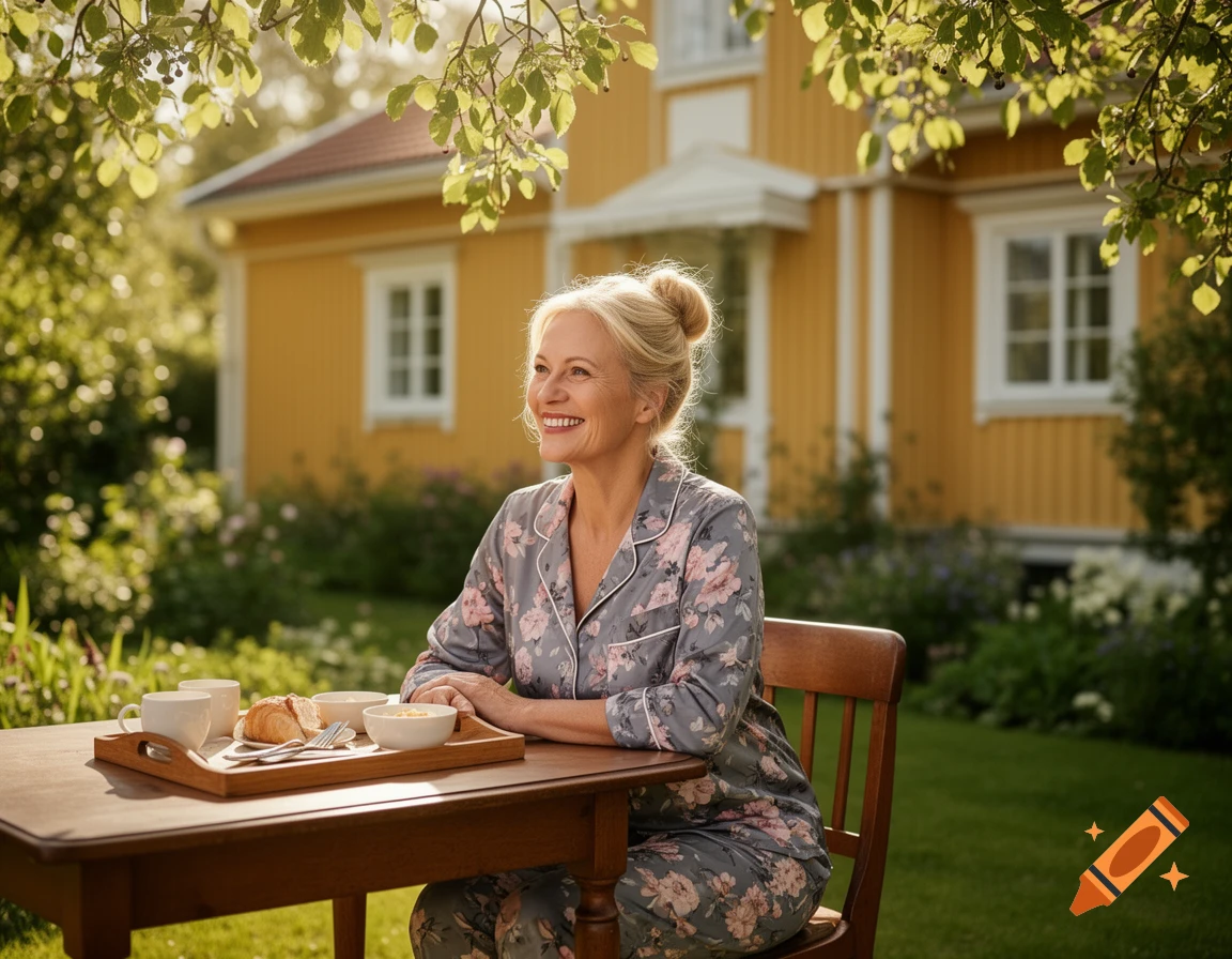 A happy blonde woman in floral pajamas enjoys breakfast at a wooden table in a sunny garden, with a yellow house in the background.