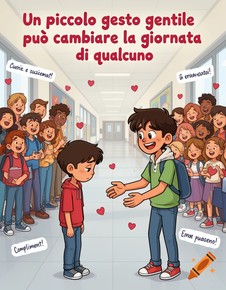 Cartoon illustration of a sad student being comforted by a kind classmate in a bustling school hallway, surrounded by other smiling students. The text reads: "A small kind gesture can change someone's day."
