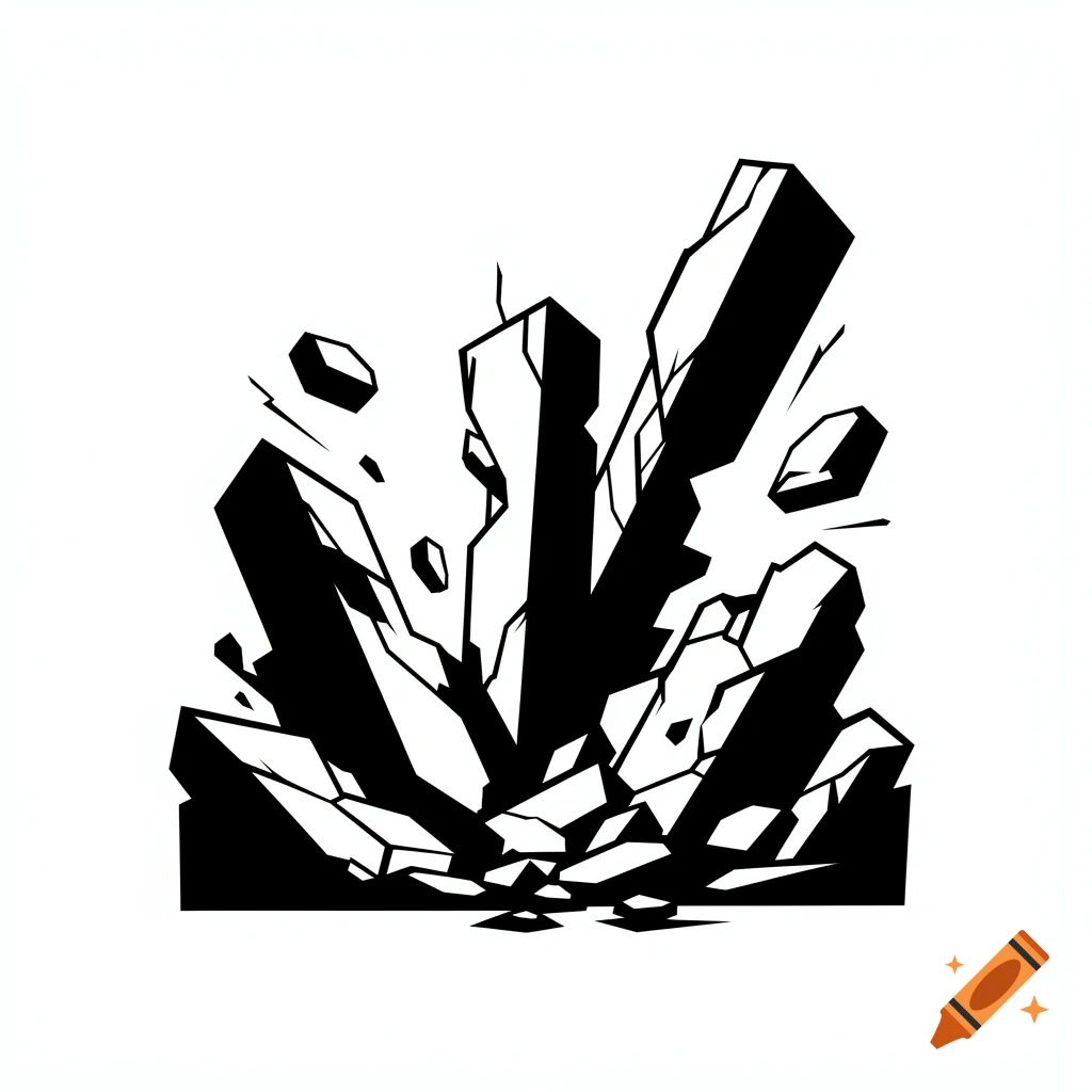 Black and white graphic design featuring abstract geometric shapes in a state of collapse and destruction.