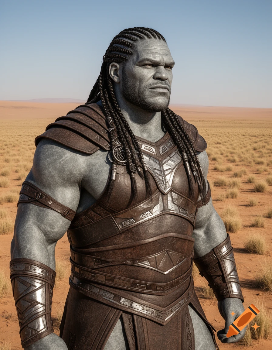 A photorealistic depiction of a grey-skinned warrior with braided hair and brown leather armor standing in a desert.