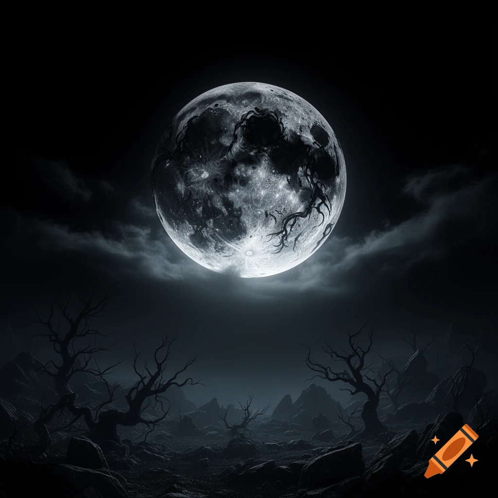 An eerie, detailed full moon with dark, twisted patterns illuminates a gnarled, bare forest and rocky landscape under a cloudy night sky.