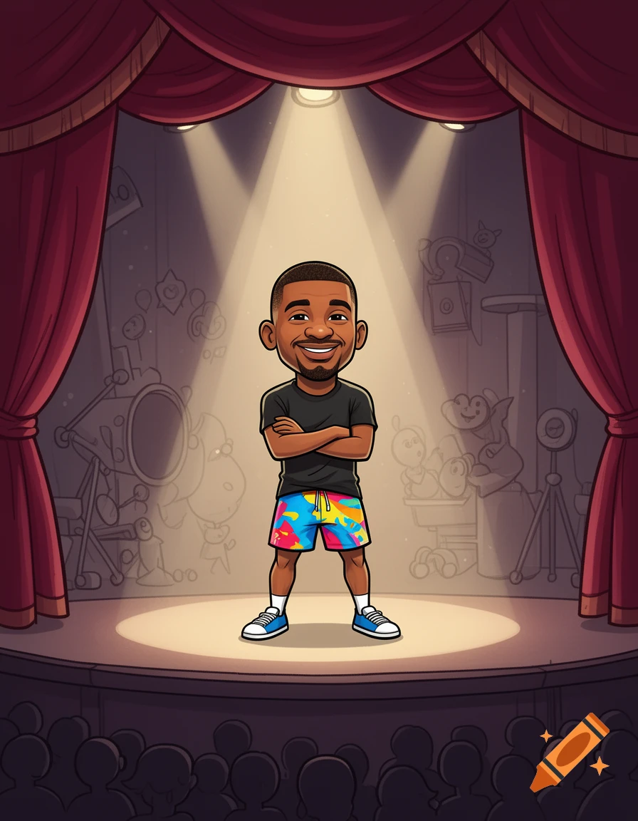 A cartoon man with dark skin, wearing a black t-shirt and colorful shorts, stands smiling with crossed arms on a theater stage under spotlights with an audience.