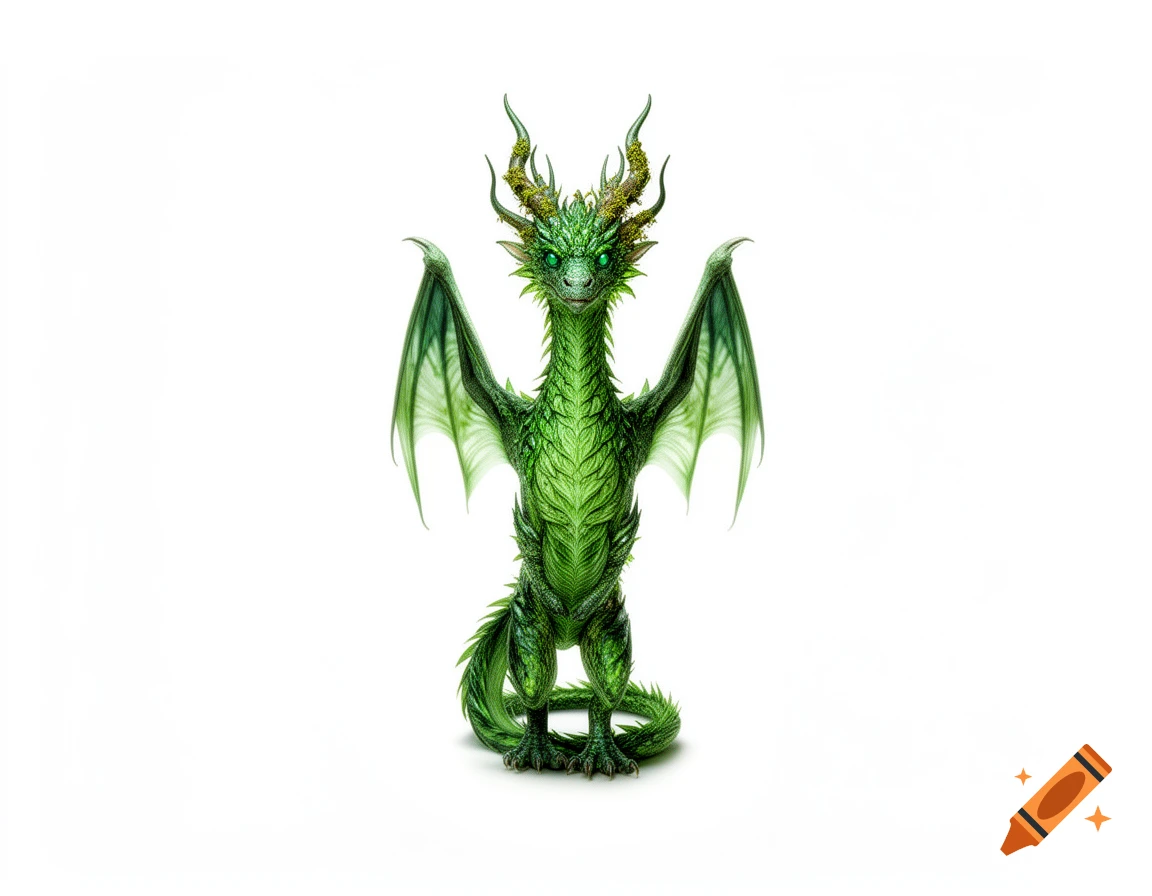 A vibrant green dragon with intricate scales, large wings, and mossy horns stands on a white background.