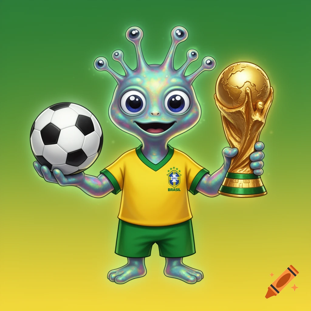 Cute cartoon alien mascot in a Brazil soccer jersey holding a soccer ball and World Cup trophy on a green-yellow gradient background.