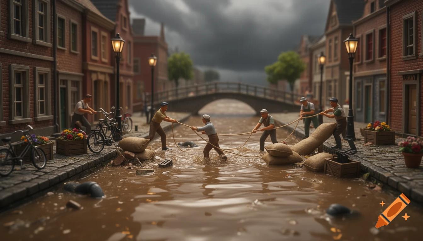 Miniature diorama of townspeople struggling in a flooded European canal street with sandbags, under dark storm clouds.