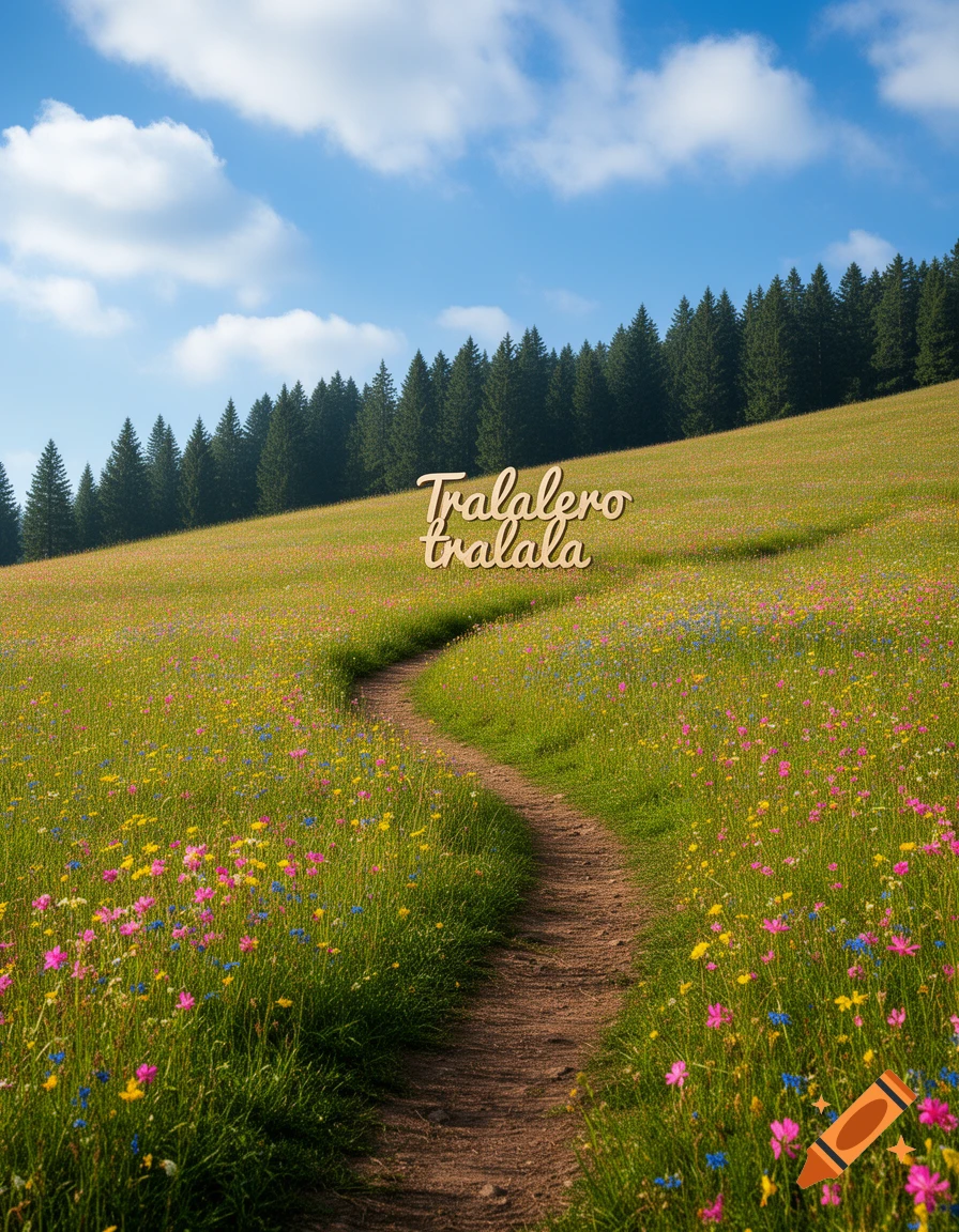 A winding dirt path through a colorful wildflower meadow under a blue sky, with pine trees in the background and "Tralalero tralala" text.