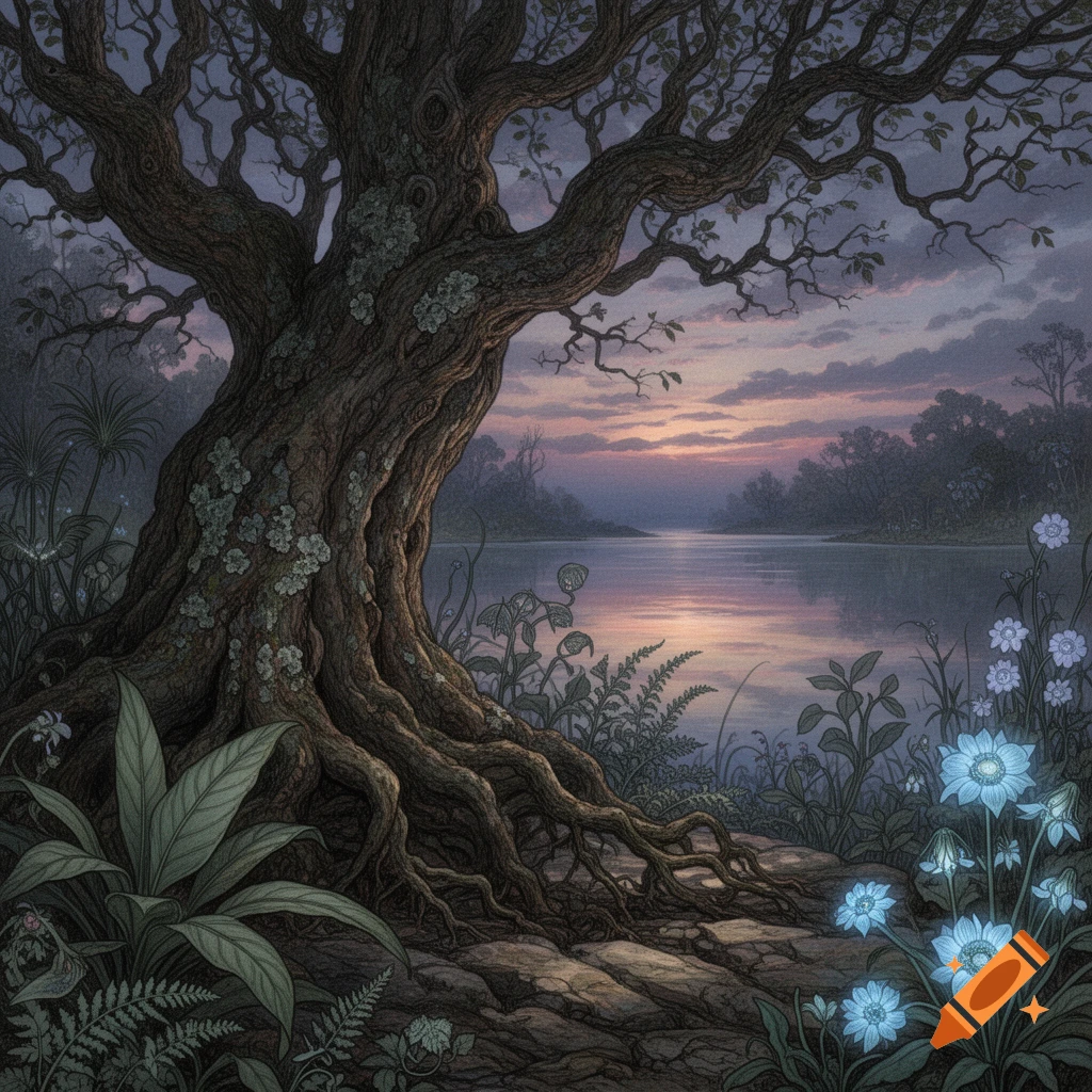 A large, gnarled tree with exposed roots stands by a calm lake at ...