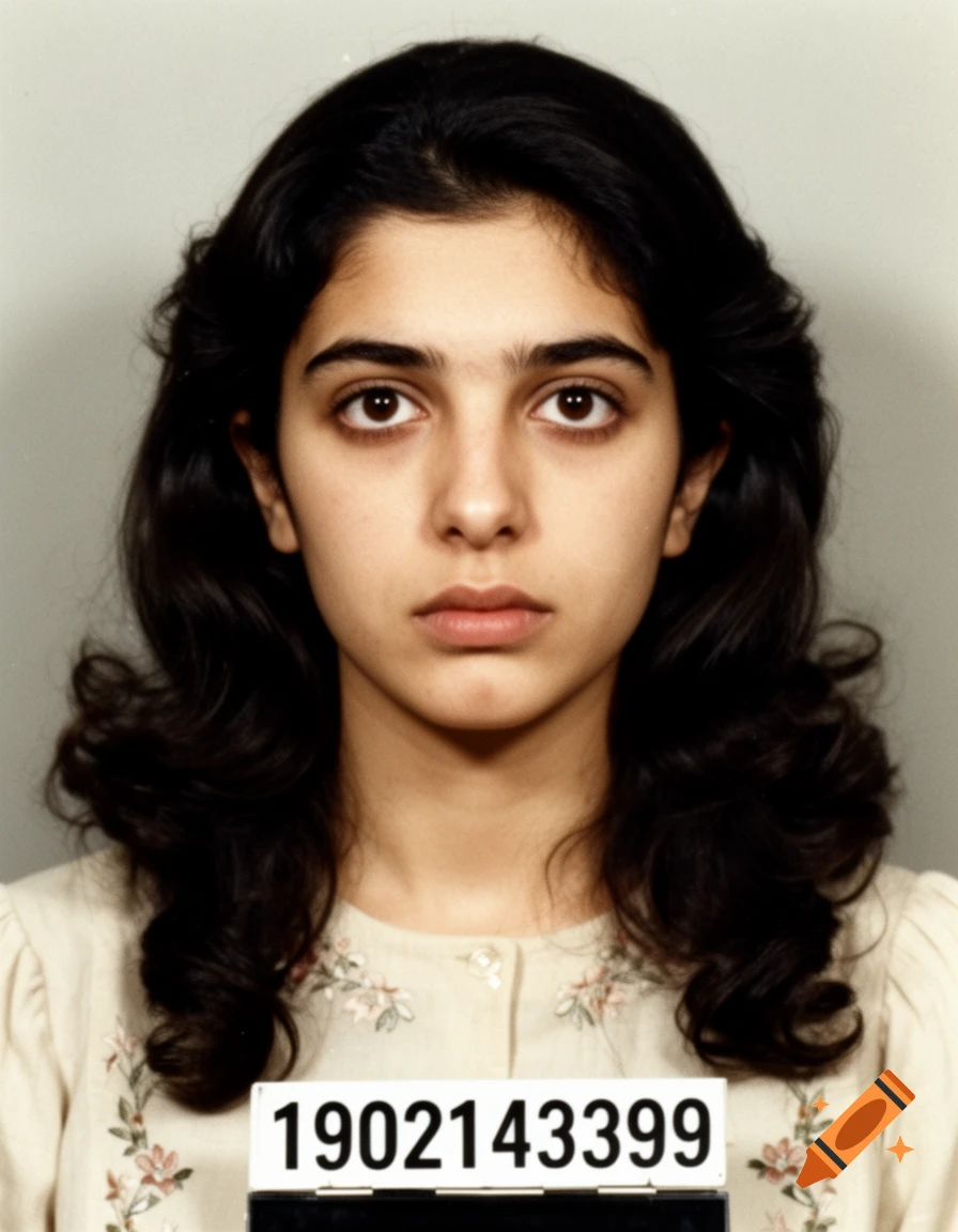 A young woman with dark hair looks straight ahead in a mugshot-style ...