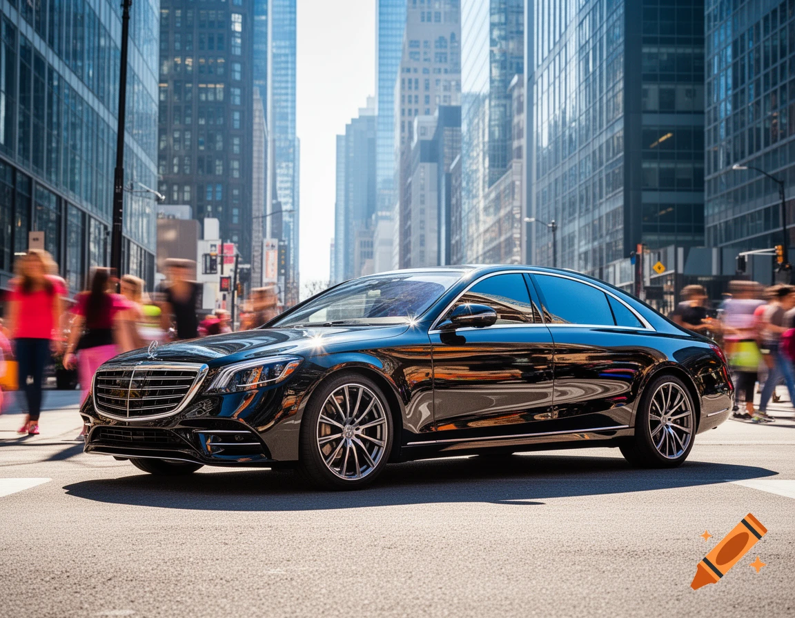 A sleek black luxury sedan is parked on a city street, with motion-blurred pedestrians and tall modern buildings in the background.