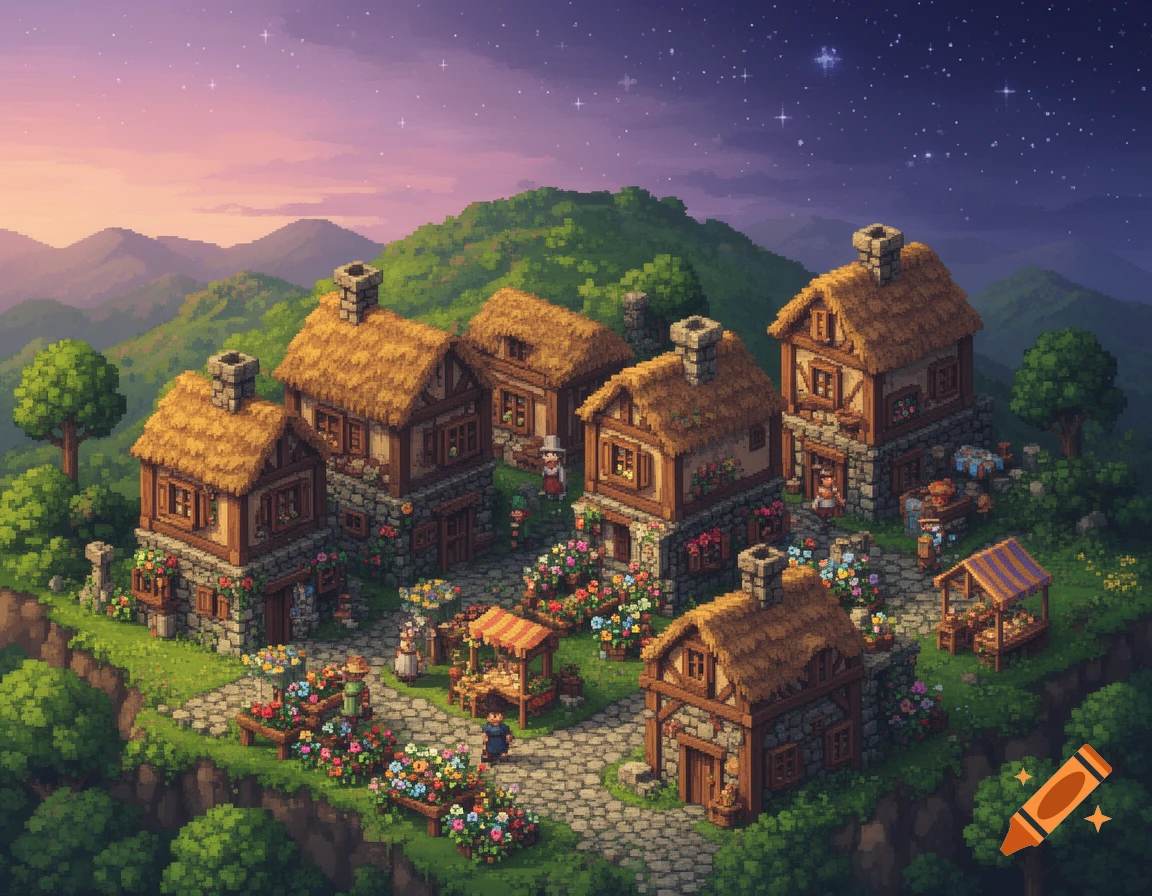 A vibrant isometric pixel art village on a green hill with thatched houses, market stalls, people, and colorful flowers.