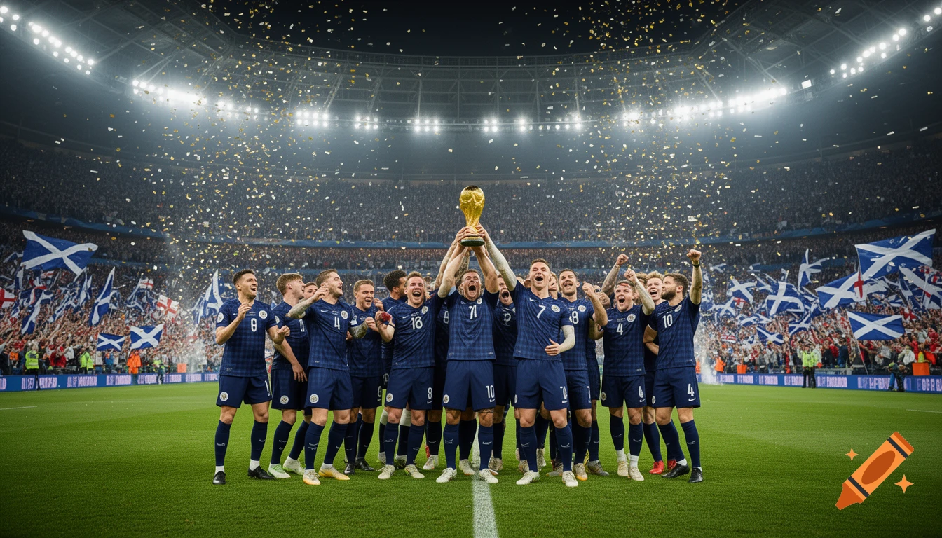 A Scottish football team in blue jerseys joyously hoists a gold trophy on a stadium pitch, showered by confetti as fans cheer.