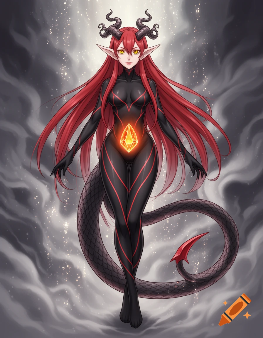 Anime female demon with long red hair, yellow eyes, horns, and a scaly ...