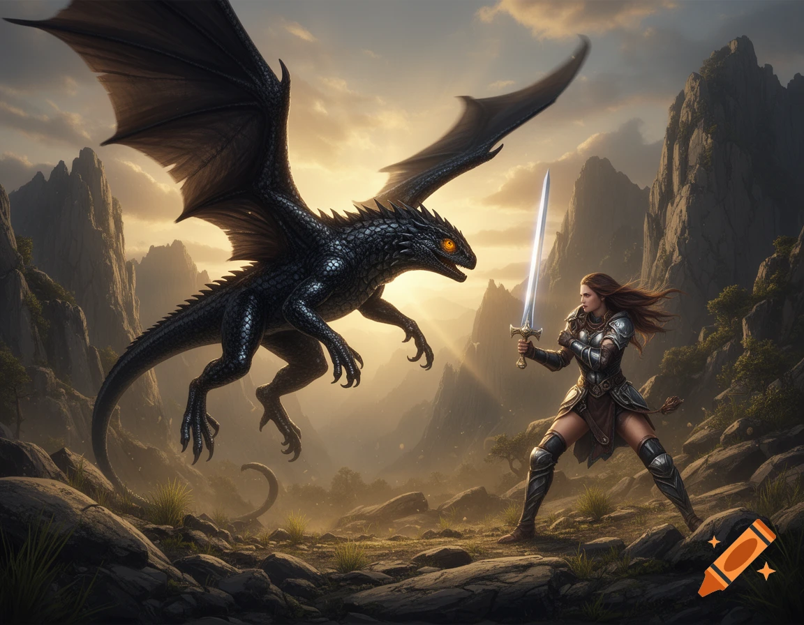 A female warrior with a glowing sword confronts a black winged dragon in a dramatic mountainous landscape at sunset.