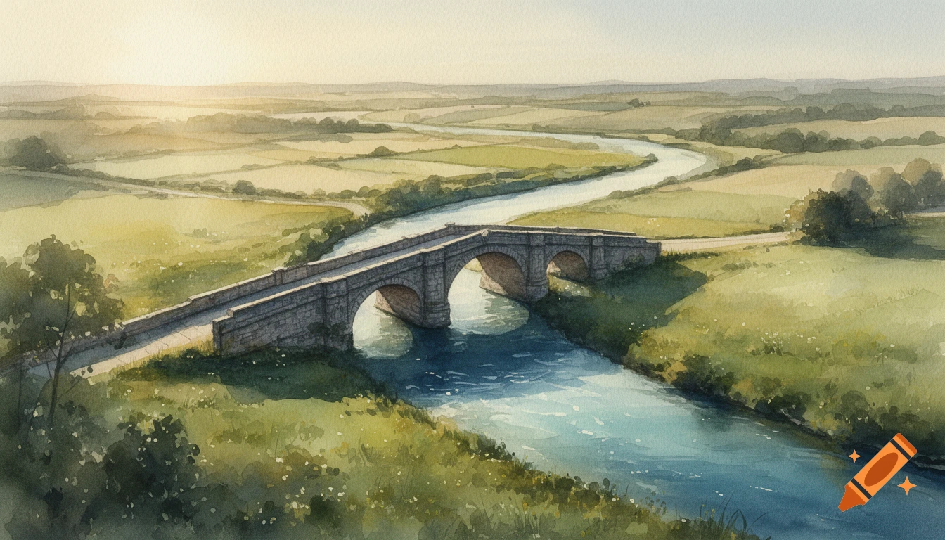 Watercolor painting from a bird's eye view of a stone bridge over a winding river through green fields.