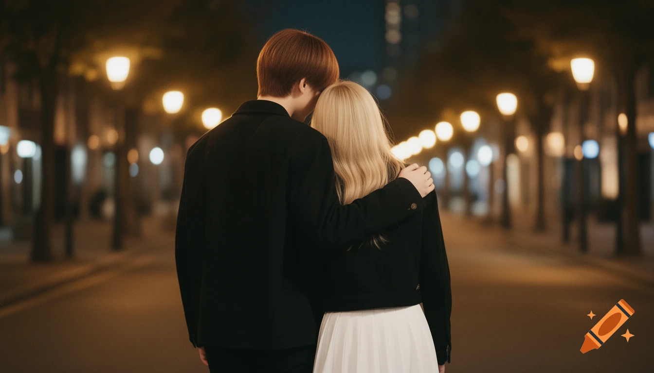 A cinematographic, realistic photo of a young couple walking arm-in-arm down a quiet, lamp-lit urban street at night, viewed from behind.