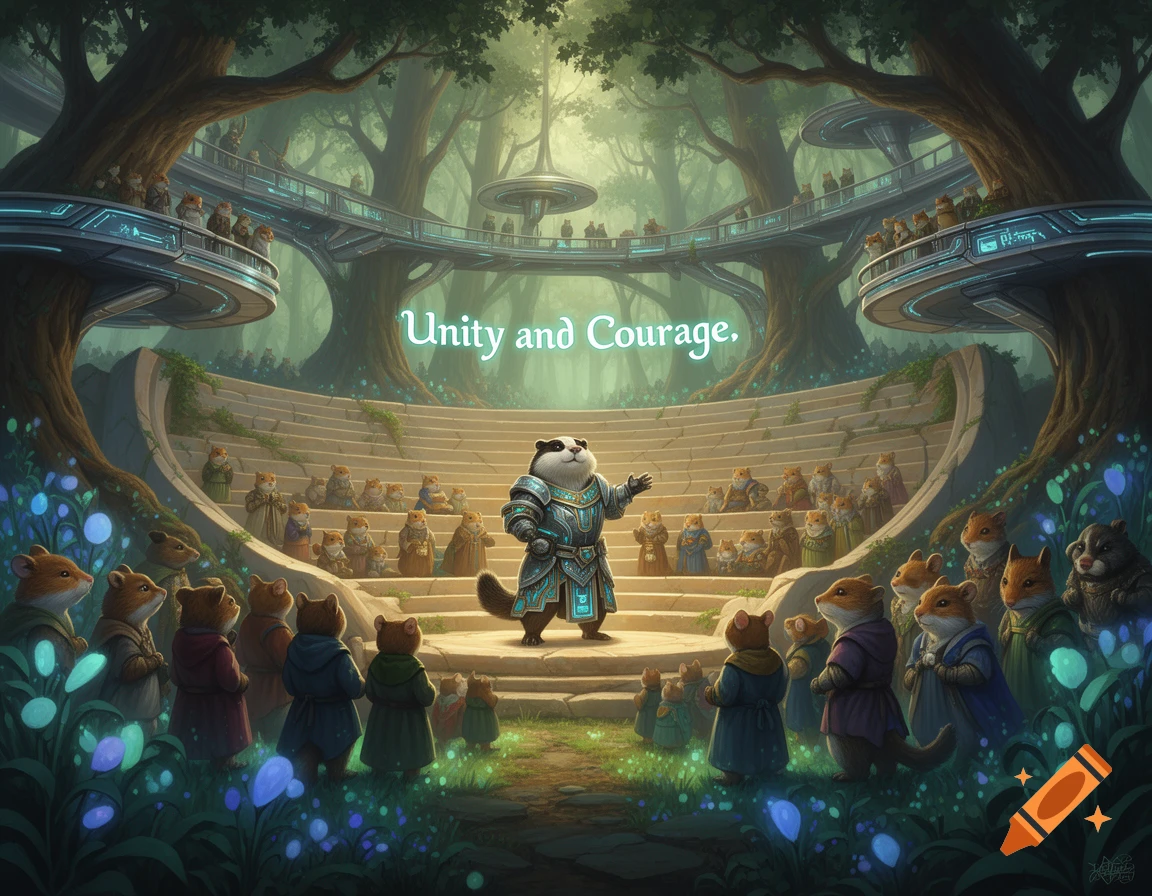 An anthropomorphic badger addresses an audience of smaller rodents in a lush, futuristic forest amphitheater with "Unity and Courage." overhead.