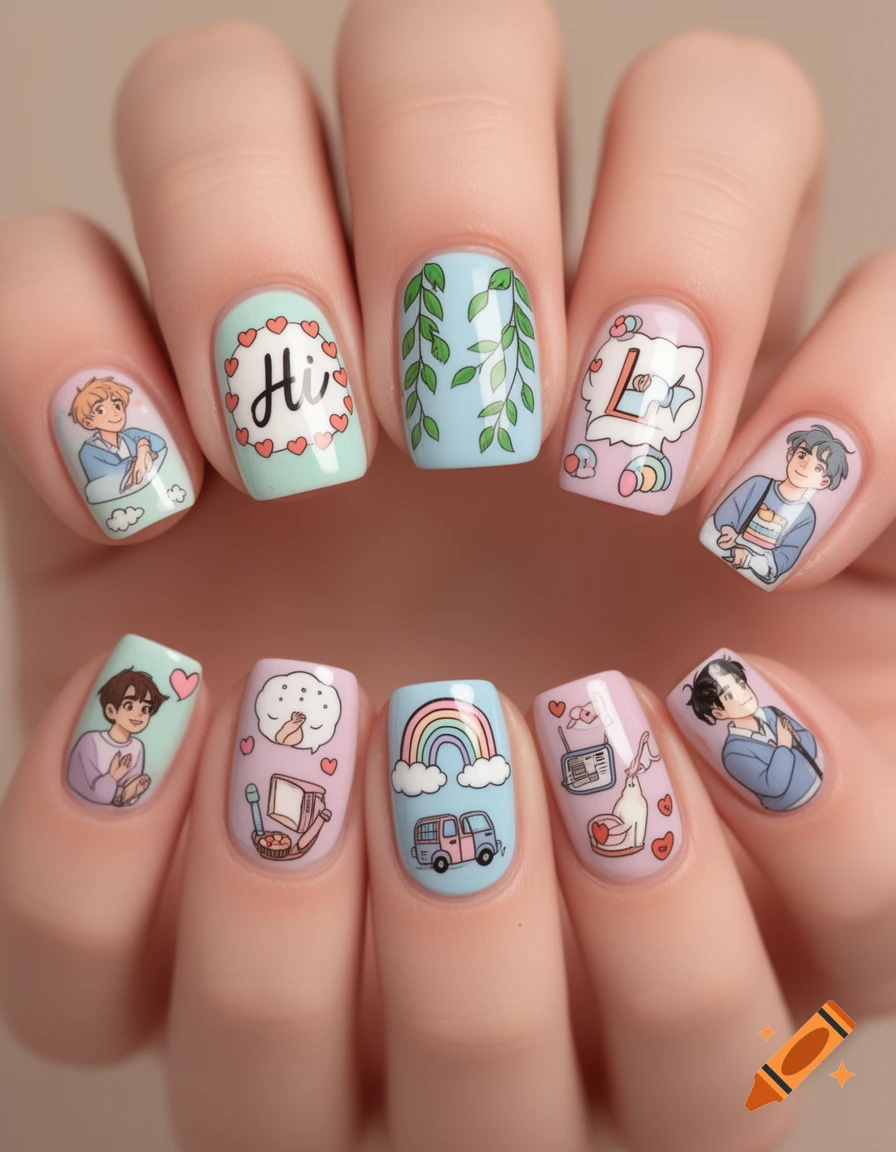 Close-up of a hand with various Heartstopper-themed nail art designs, including characters, objects, and the word 'Hi'.