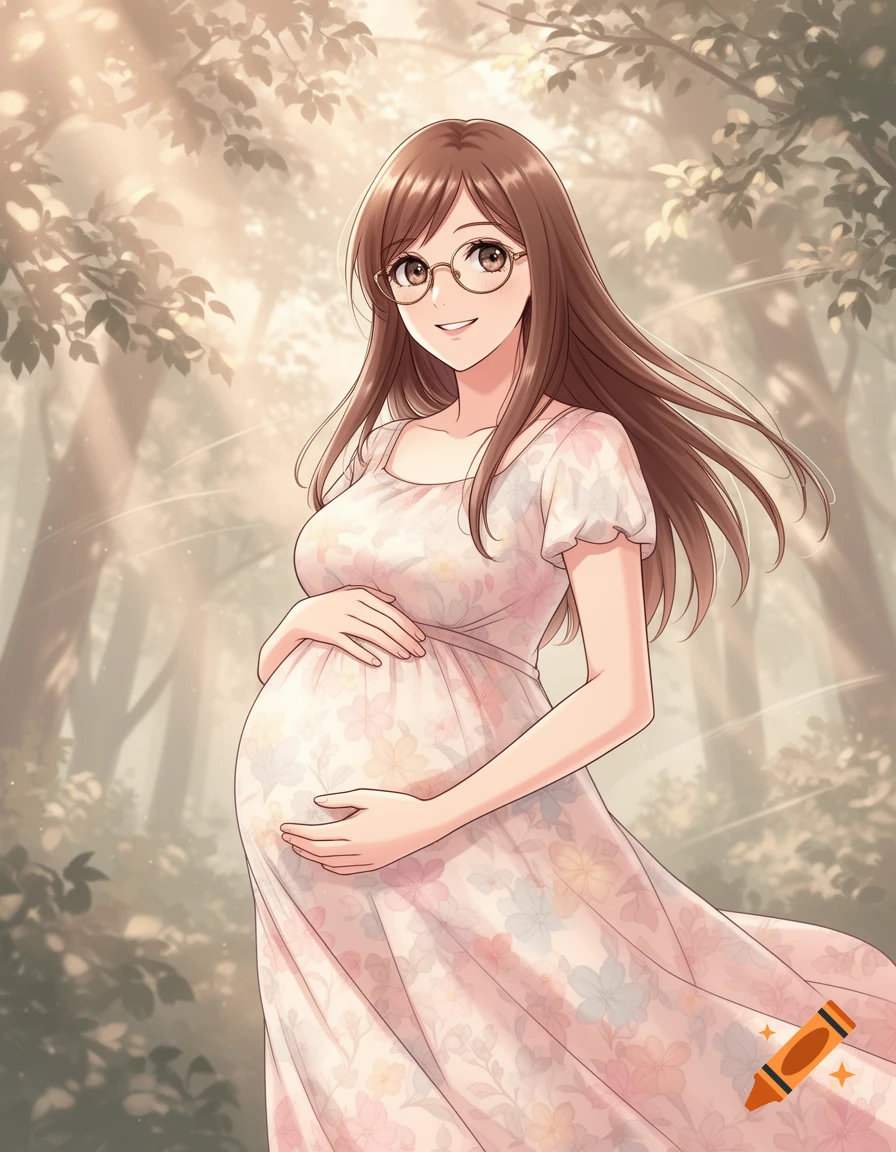 Anime woman with brown hair and glasses, wearing a floral dress, holding her pregnant belly in a sunny forest.