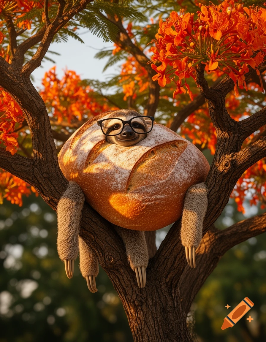 A smiling sloth head with glasses emerges from a large bread loaf body, its furry limbs clutching a tree branch with bright orange flowers.