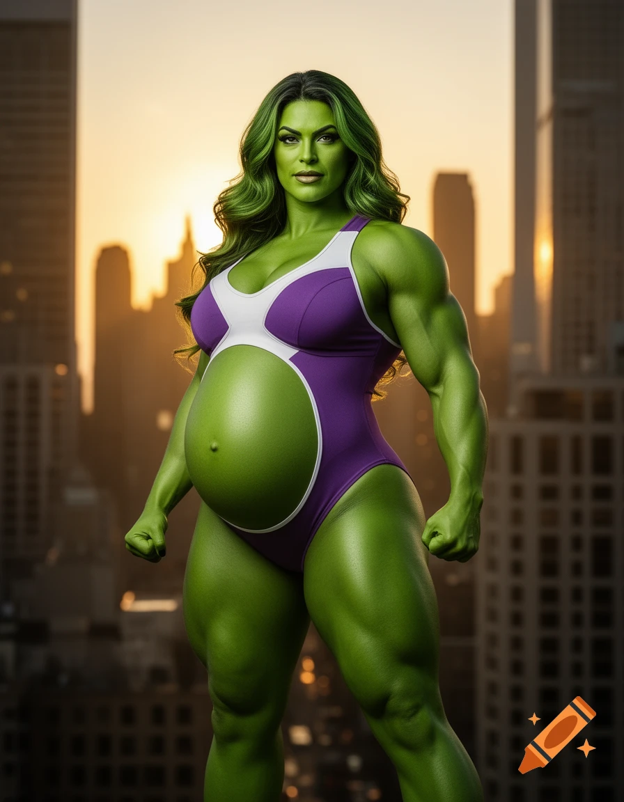 Photorealistic pregnant She-Hulk in a purple and white swimsuit, standing confidently before a sunset city skyline.