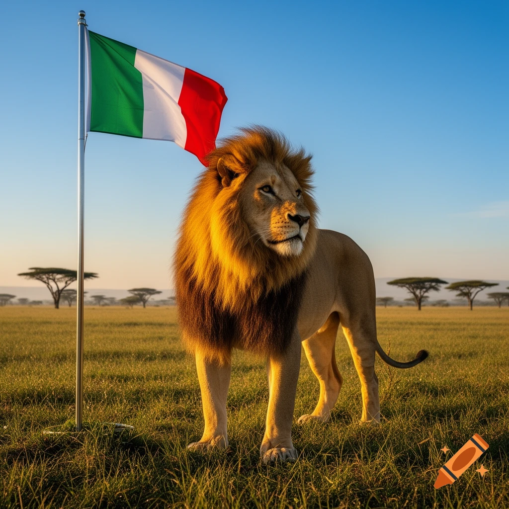 A majestic lion stands in a golden savanna next to a pole flying the Italian flag under a clear blue sky.