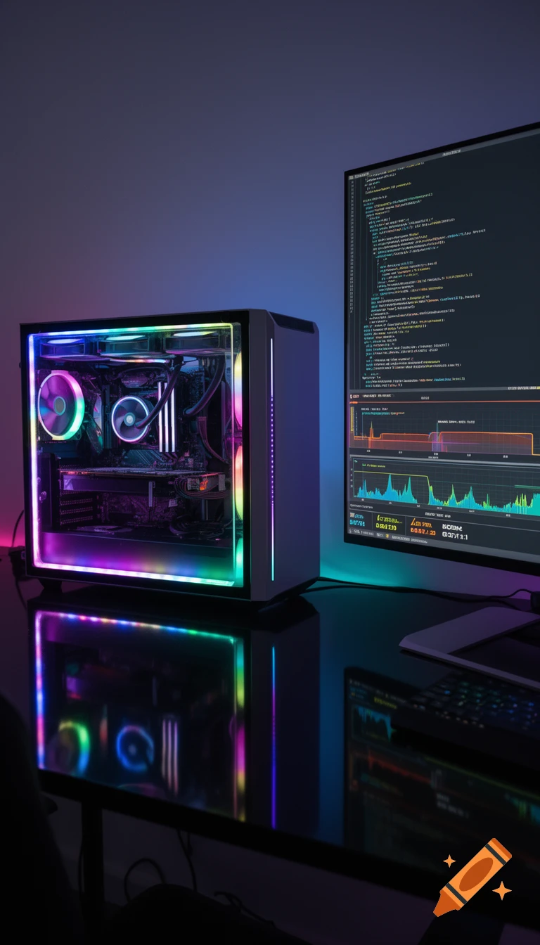 A gaming PC case with colorful RGB lighting next to a monitor displaying code and graphs, reflected on a dark desk.