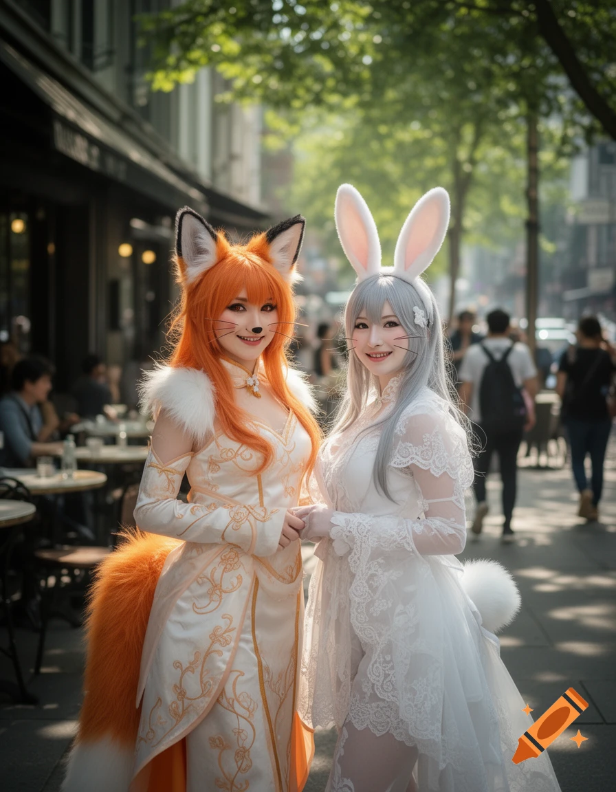 Two smiling cosplayers, one dressed as a fox in an orange and white dress, the other as a bunny in a white lace dress, hold hands on a sunny street.