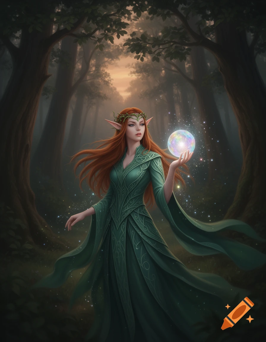 An auburn-haired female elf in a green gown stands in a mystical forest, holding a glowing magical orb.