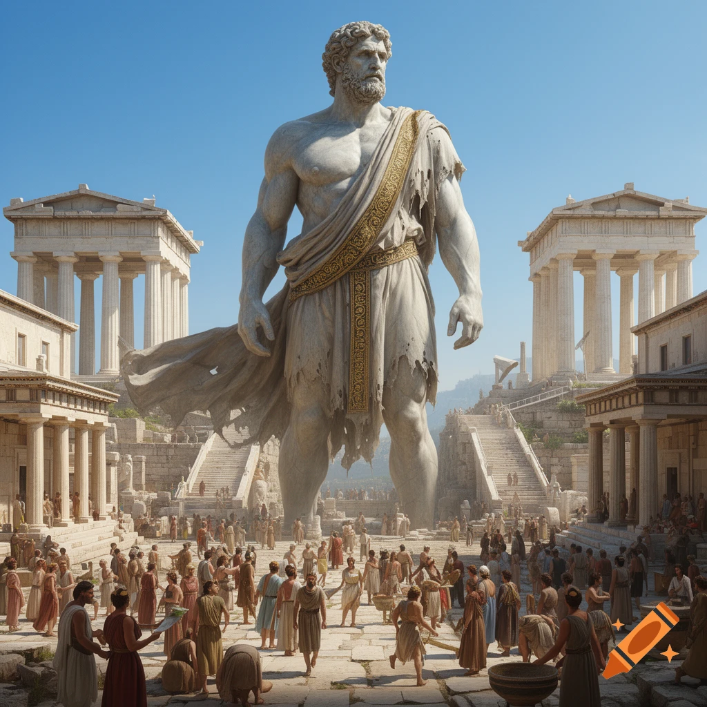 A colossal stone statue of a muscular man in ancient Greek attire stands in a bustling ancient Greek city square, surrounded by classical temples and many small figures.