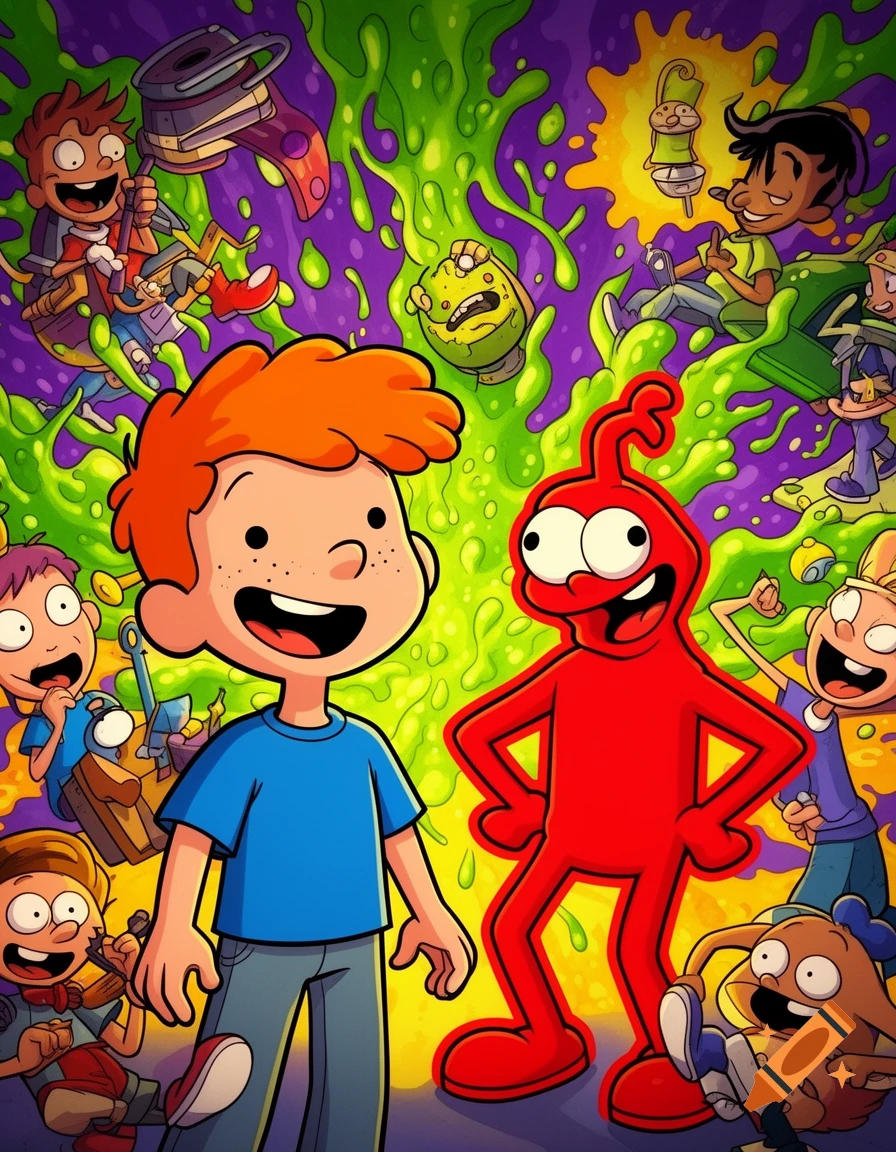 A colorful 90s Nickelodeon-style cartoon featuring a red-headed boy and a red blob-like creature surrounded by other smiling kids and green slime.