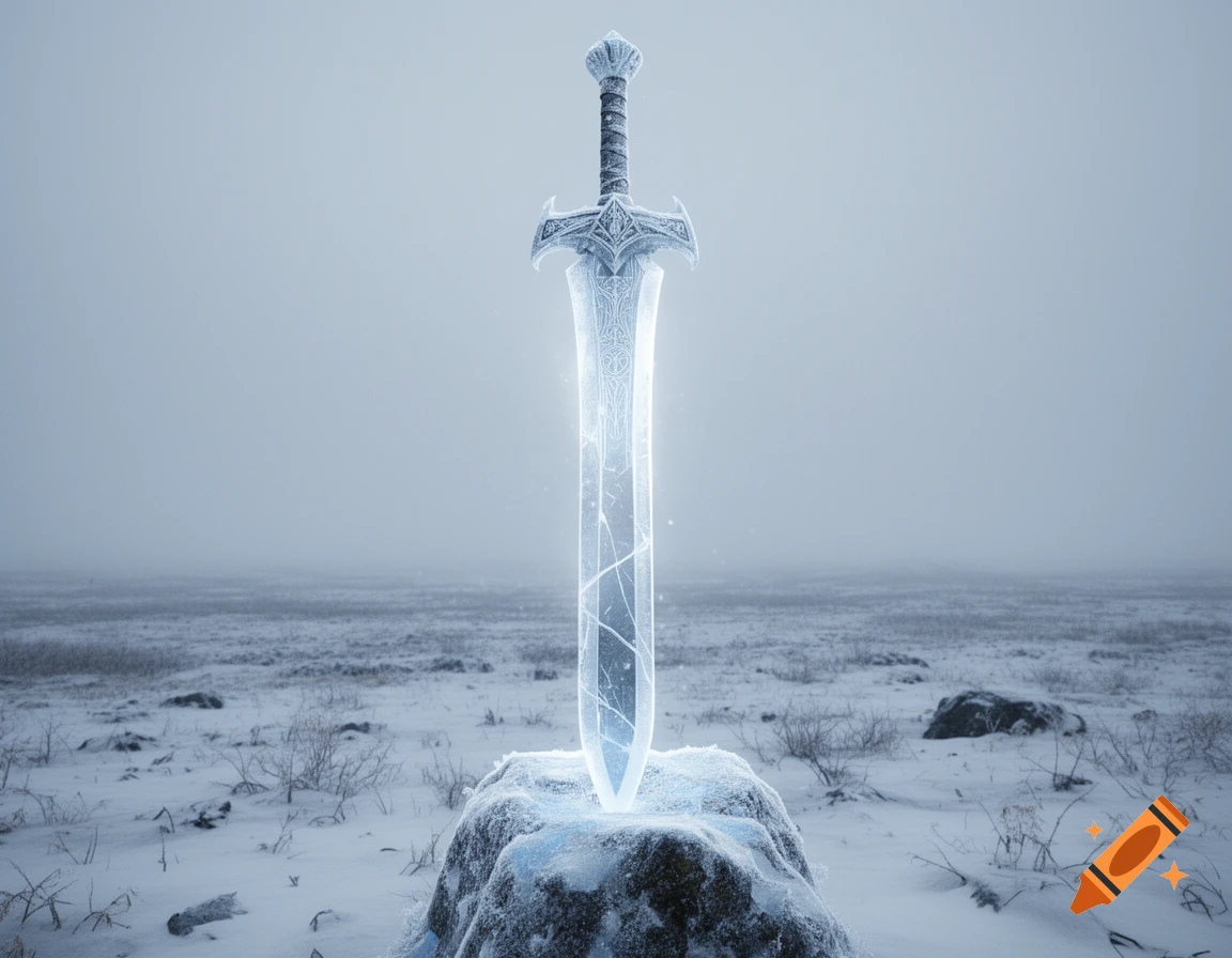 A glowing fantasy great sword made of ice, standing upright in a desolate, snowy landscape under a cloudy sky.