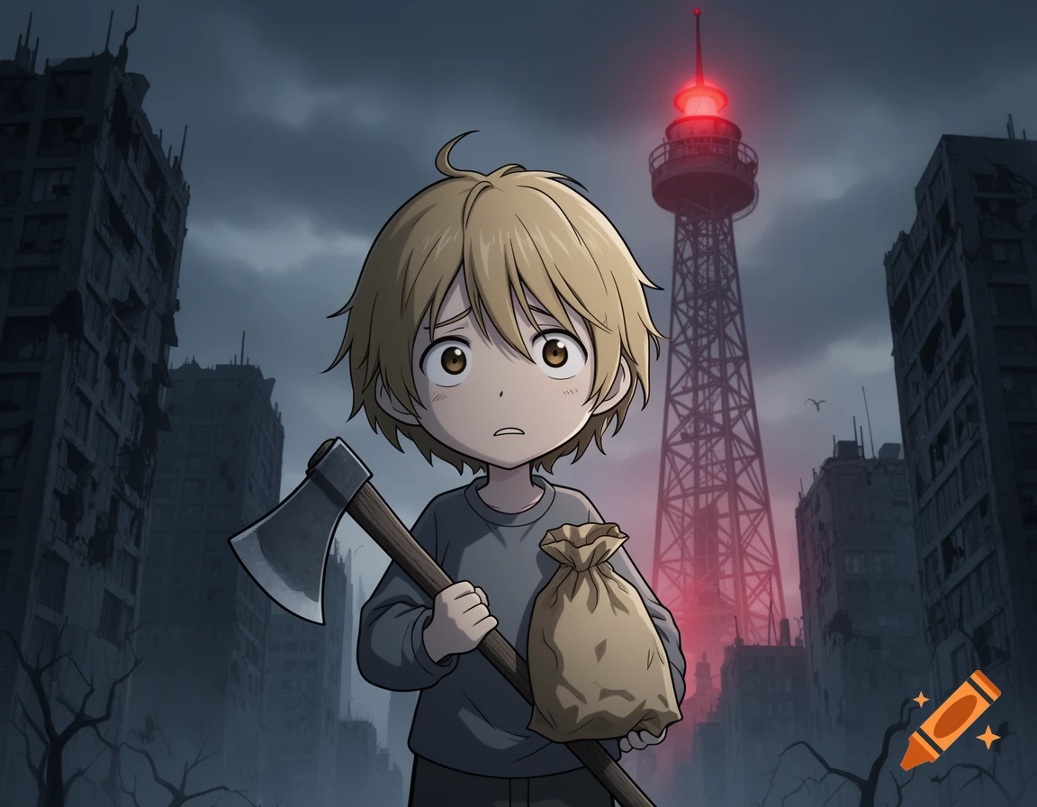 A worried anime boy with blonde hair holds an axe and a sack in a ruined city with a red-lit signal tower.