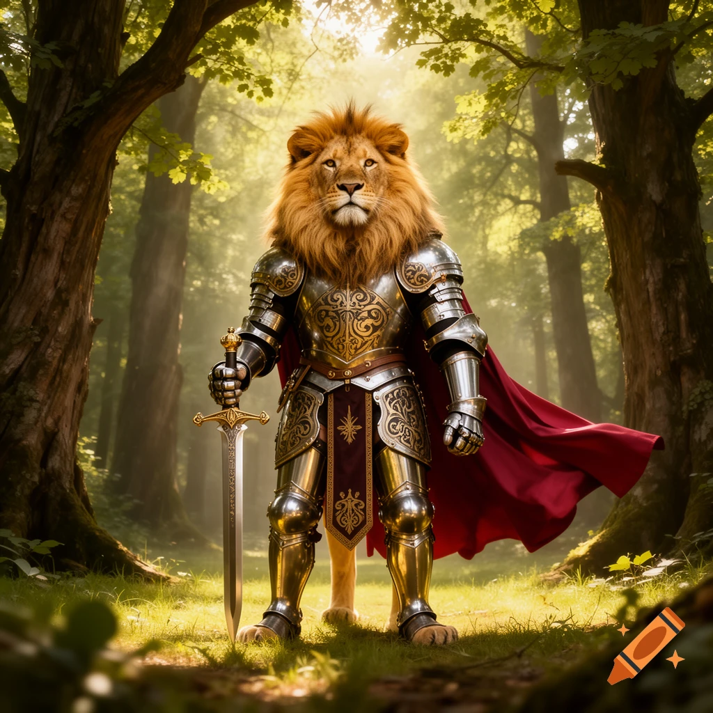 A majestic lion knight in ornate golden and silver armor with a red cape, holding a sword, stands in a sunlit forest.