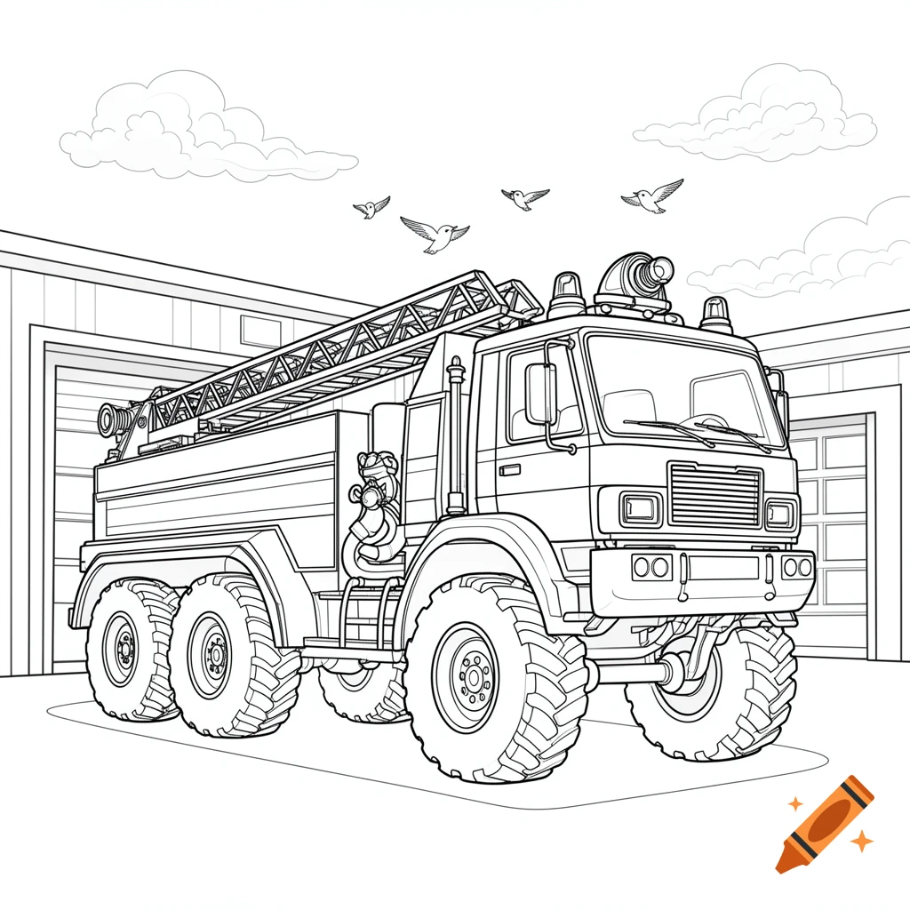Line art coloring page of a large 4x4 fire truck with a ladder, parked in front of a garage, with birds and clouds.