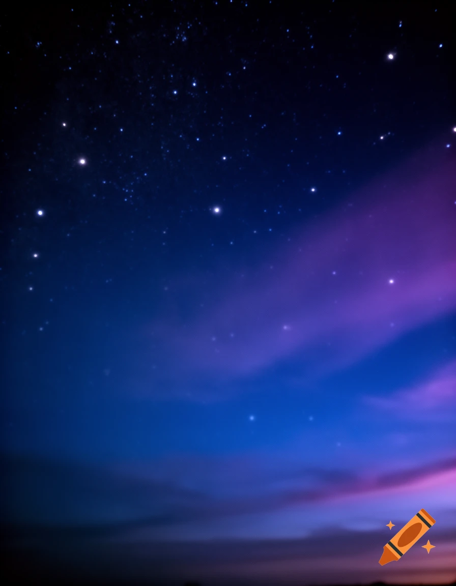 A dark night sky filled with numerous bright stars, with a deep blue transitioning into purple and pink hues along the horizon.