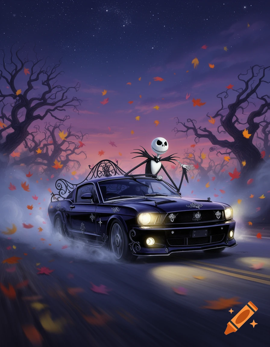 Jack Skellington drives a customized dark blue Mustang on a spooky road with bare trees and falling leaves under a starry sunset sky.
