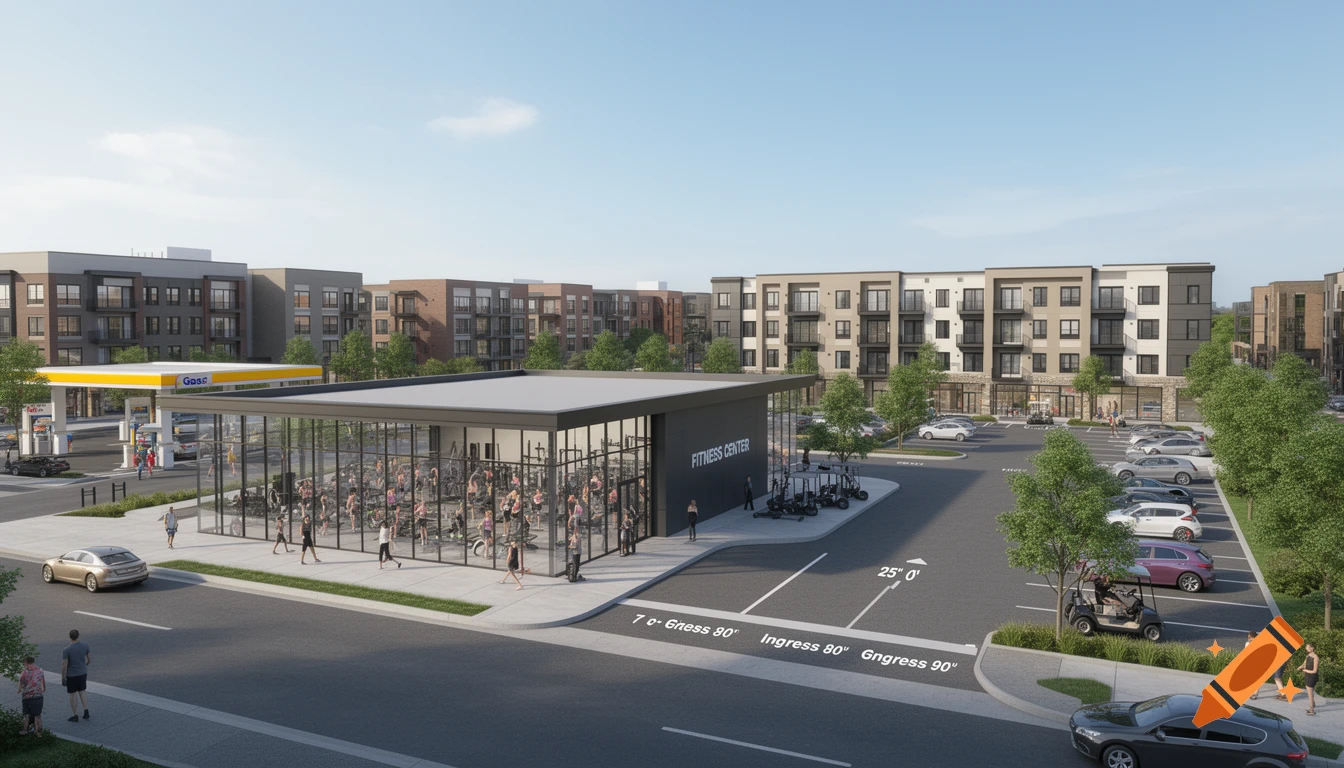 A high-angle view of a modern commercial lot featuring a fitness center with glass walls, a gas station, and multi-story apartment buildings, all surrounded by parking and trees under a clear sky.
