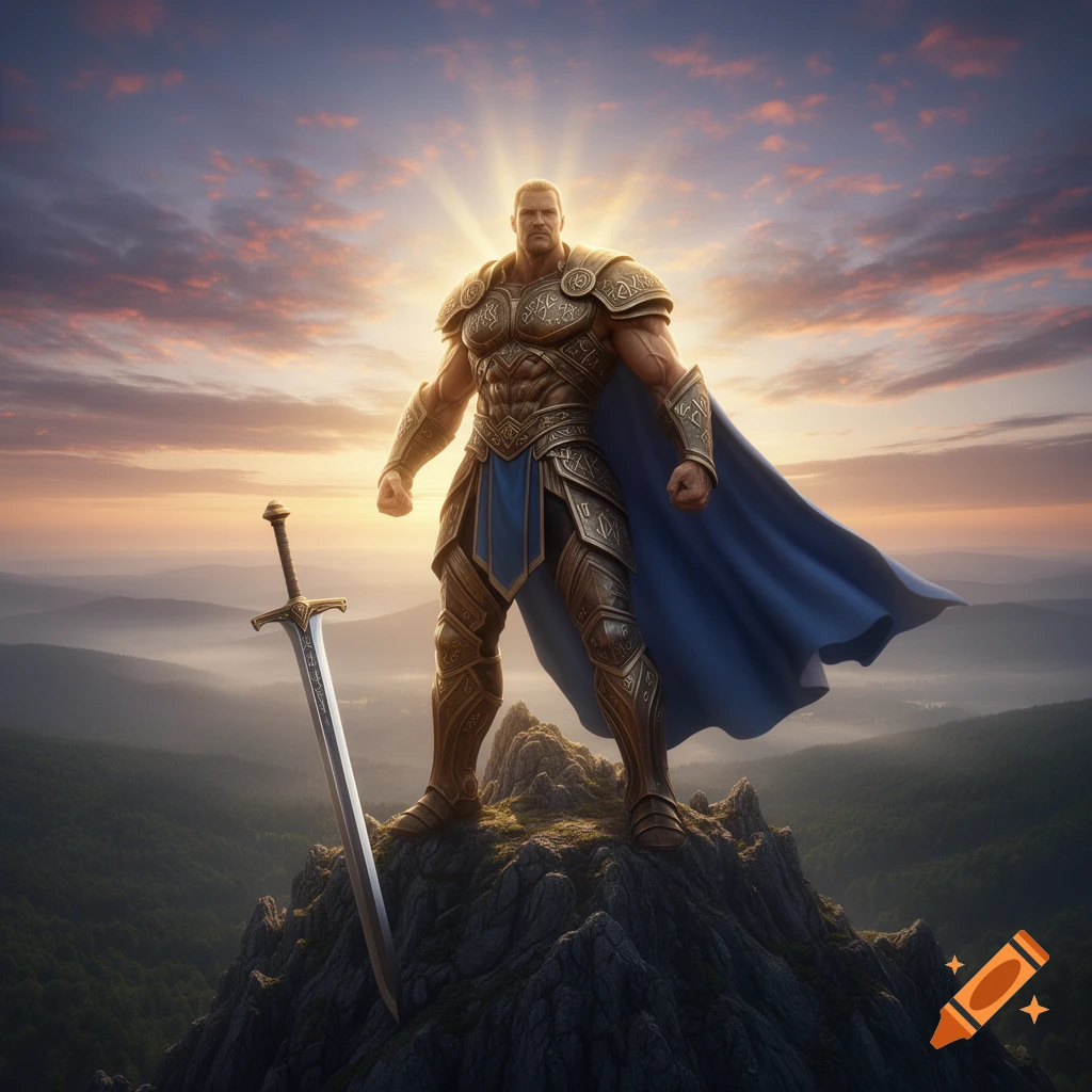 A muscular hero in golden armor and blue cape stands triumphantly on a rocky mountain peak at sunset, a large sword planted beside him.