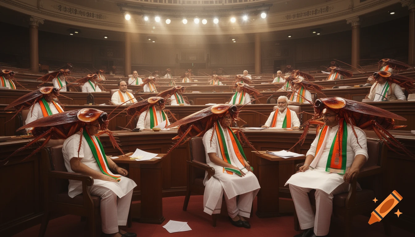 Men with giant cockroaches on their heads in a parliament chamber, wearing white and tricolor scarves, with dramatic lighting.