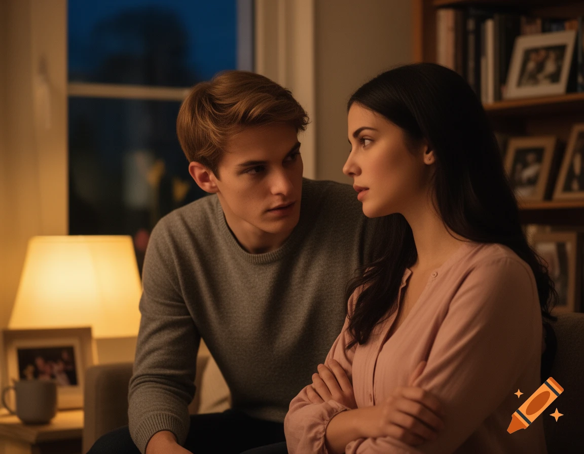 A young man looks intently at a young woman with folded arms, both seated in a softly lit living room.