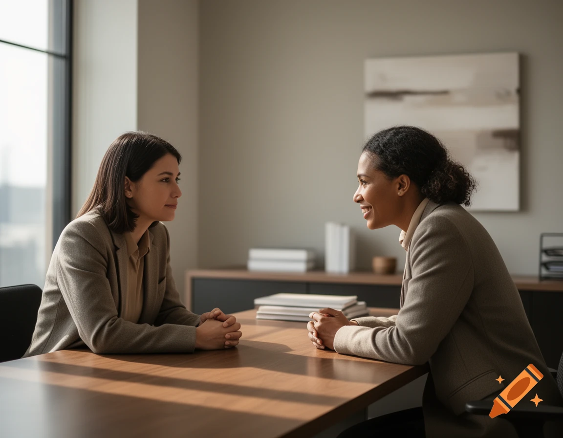 Two women in a photorealistic office setting, seated at a desk, engaged in a professional conversation.