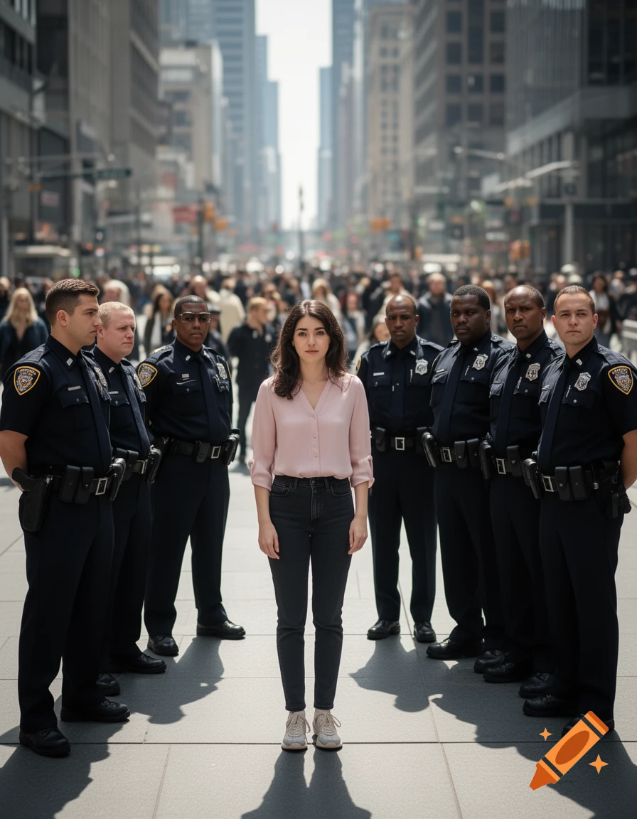 A woman stands in the middle of a city street, surrounded by several police officers, with blurred crowds and tall buildings in the background.