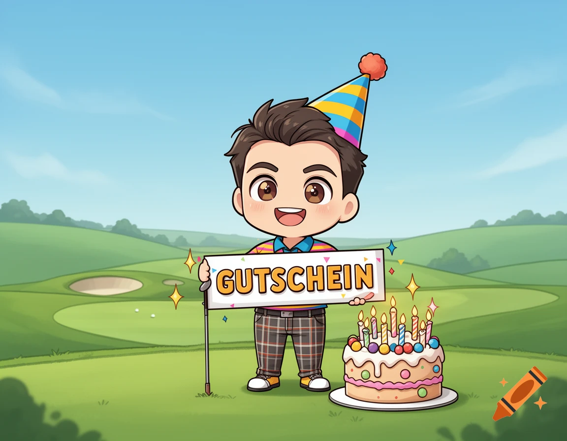 A happy chibi golfer in a party hat holds a "Gutschein" sign next to a birthday cake on a golf course, in a cartoon style.