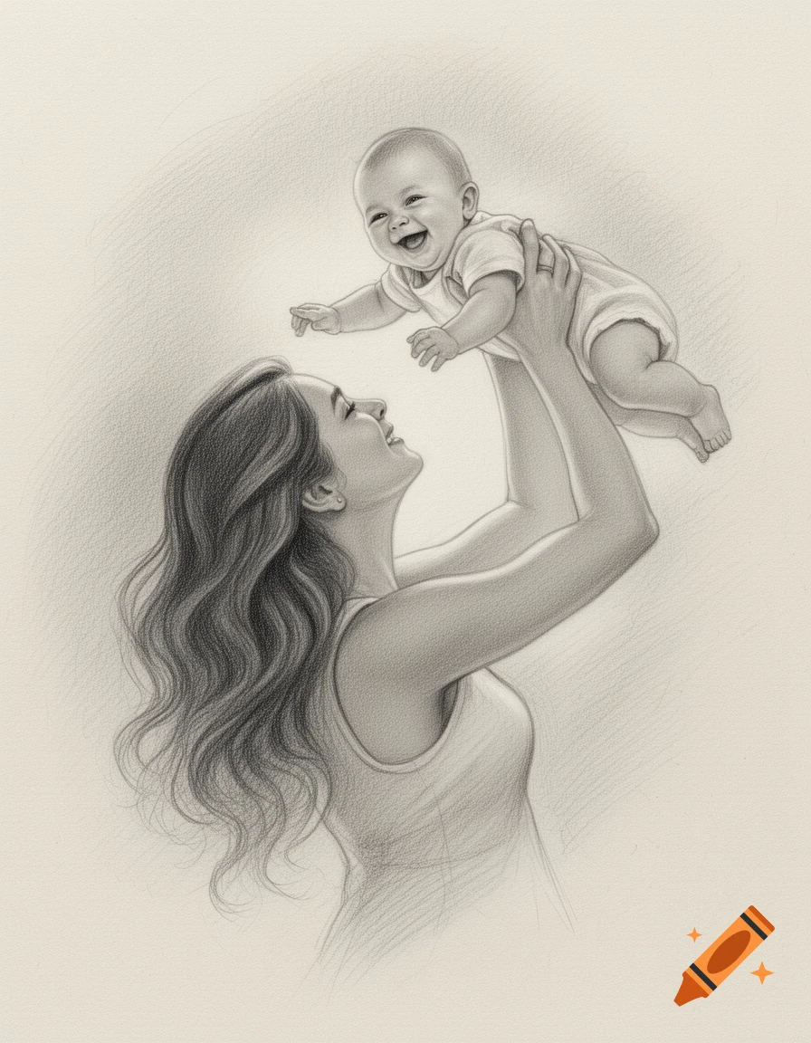 A pencil sketch of a happy mother holding her laughing baby in the air.
