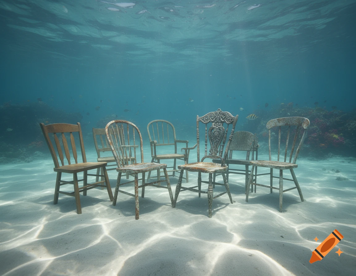 Multiple weathered wooden chairs stand on a sandy seabed under clear blue water with sunlight dappling the surface.