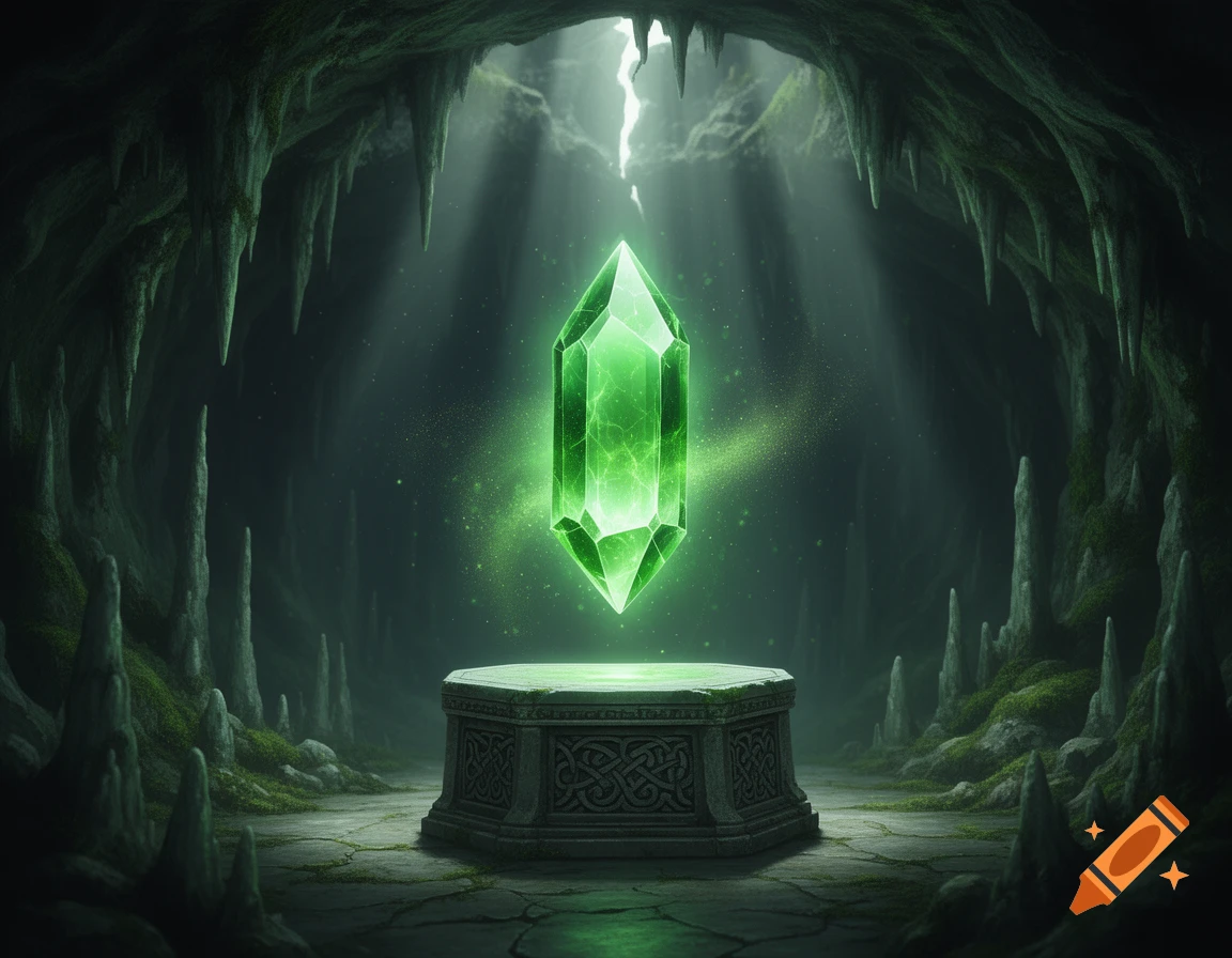 A radiant green crystal hovers above an ornate stone pedestal in a dimly lit, mystical cave, bathed in green light.