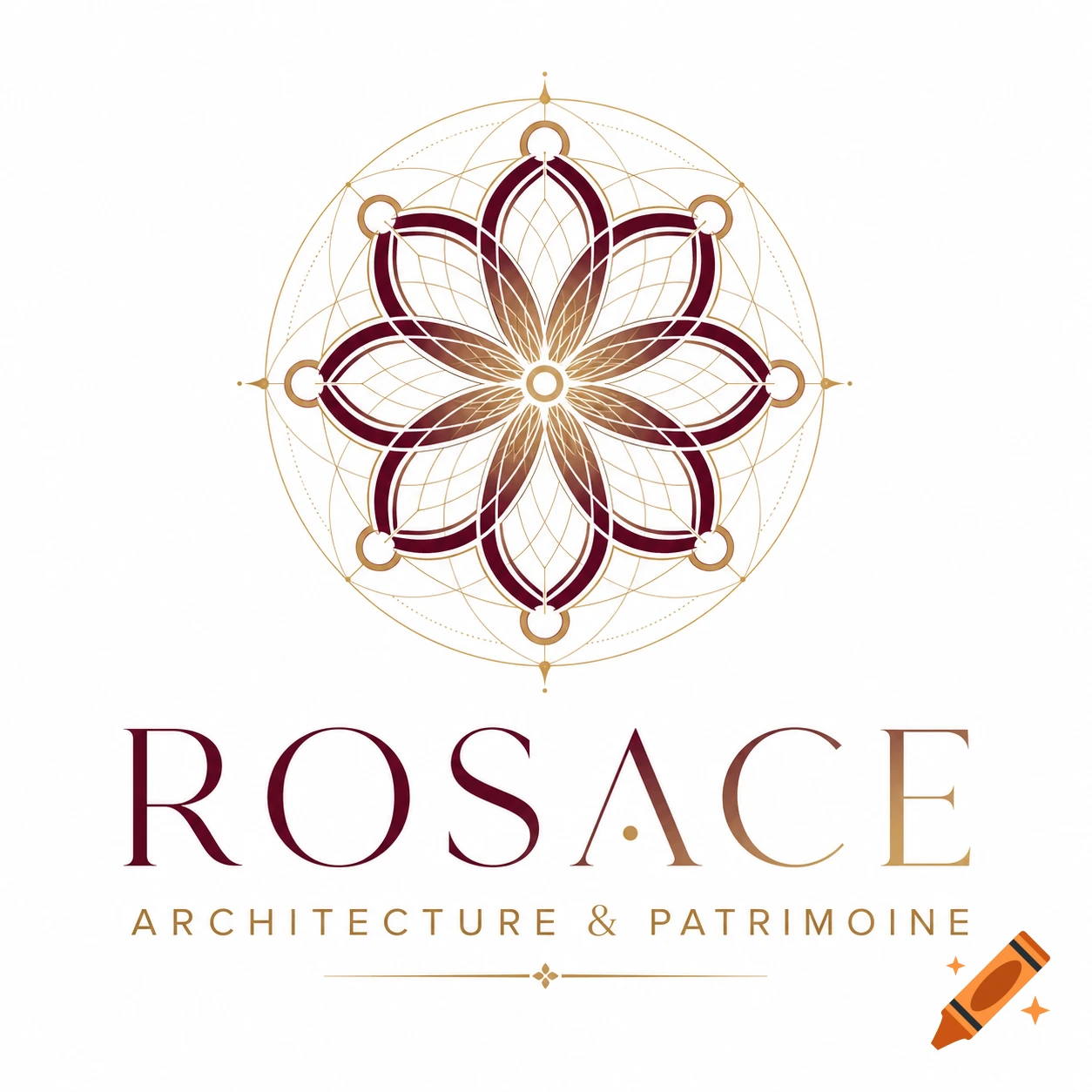 A modern, geometric logo featuring a stylized flower (rosace) in maroon and gold, with the text 'ROSACE ARCHITECTURE & PATRIMOINE' below it.