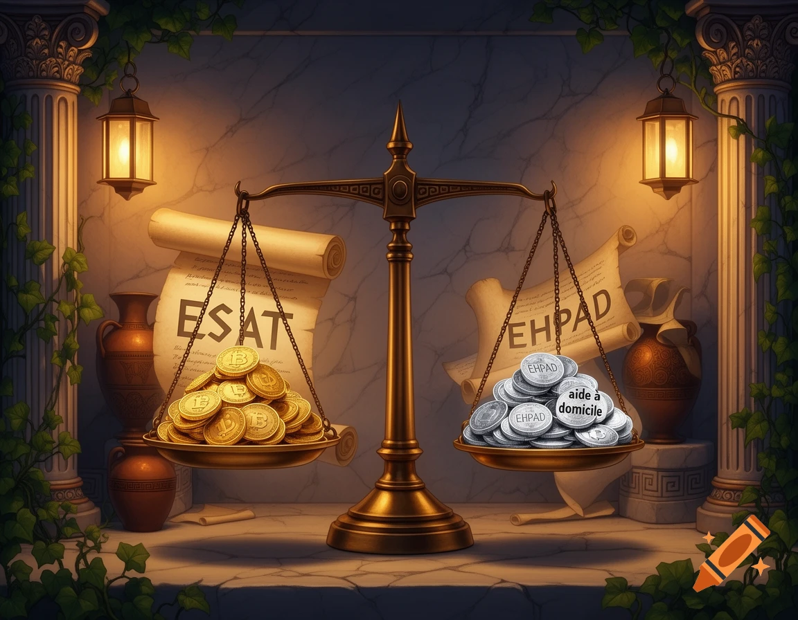 A set of ancient Greek-style scales. The left pan holds gold coins and a scroll with 'ESAT'. The right pan holds silver coins with 'EHPAD' and 'aide à domicile' written on them, and a scroll with 'EHPAD'.