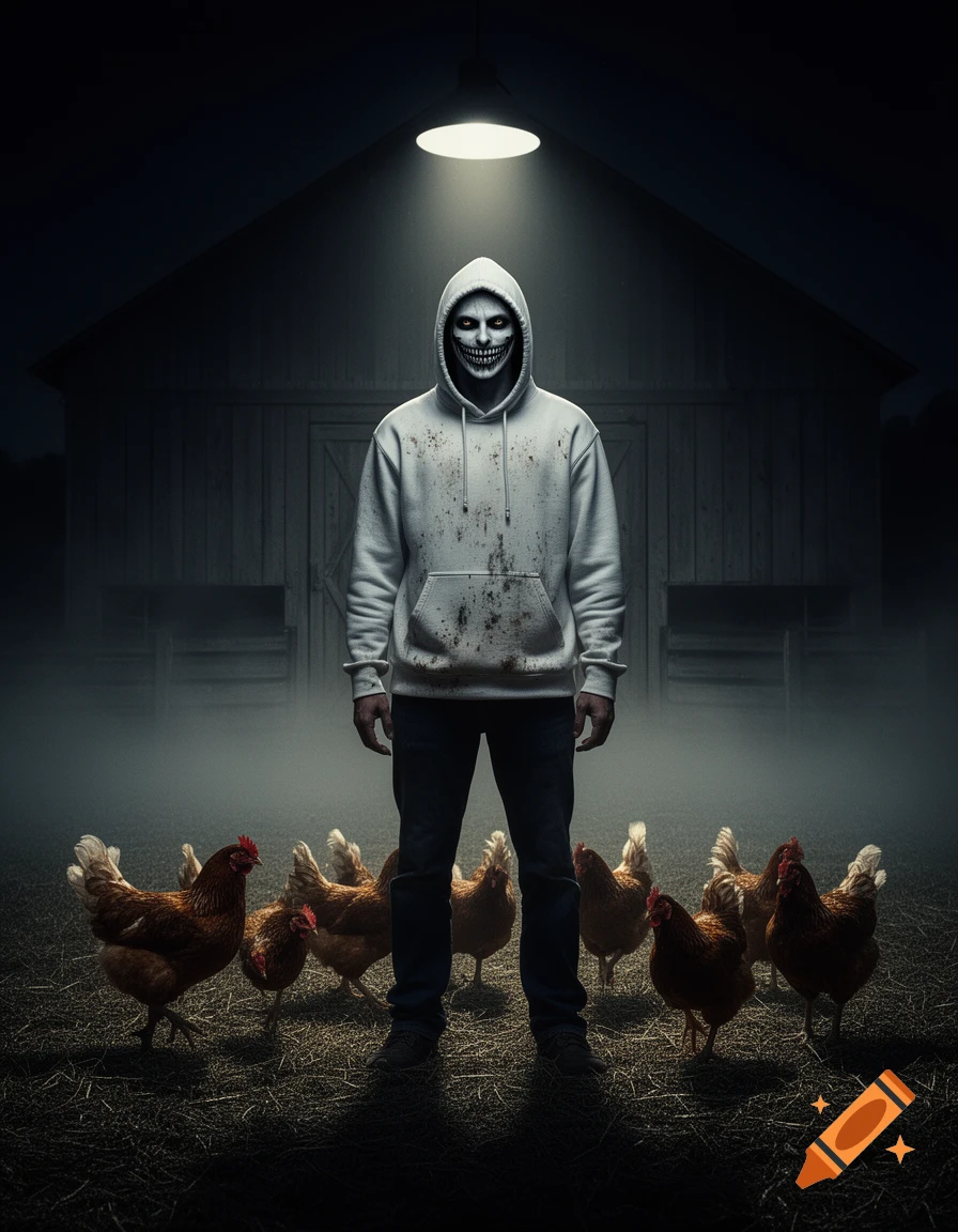 A scary figure with a skull-like face and blood-stained hoodie stands under a lamp, surrounded by chickens in front of a barn at night.