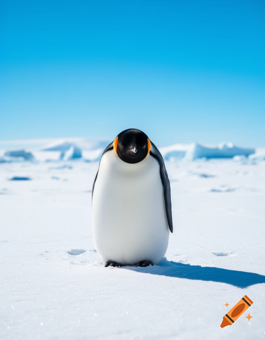A photorealistic emperor penguin stands alone in a vast, snowy arctic landscape under a clear blue sky.